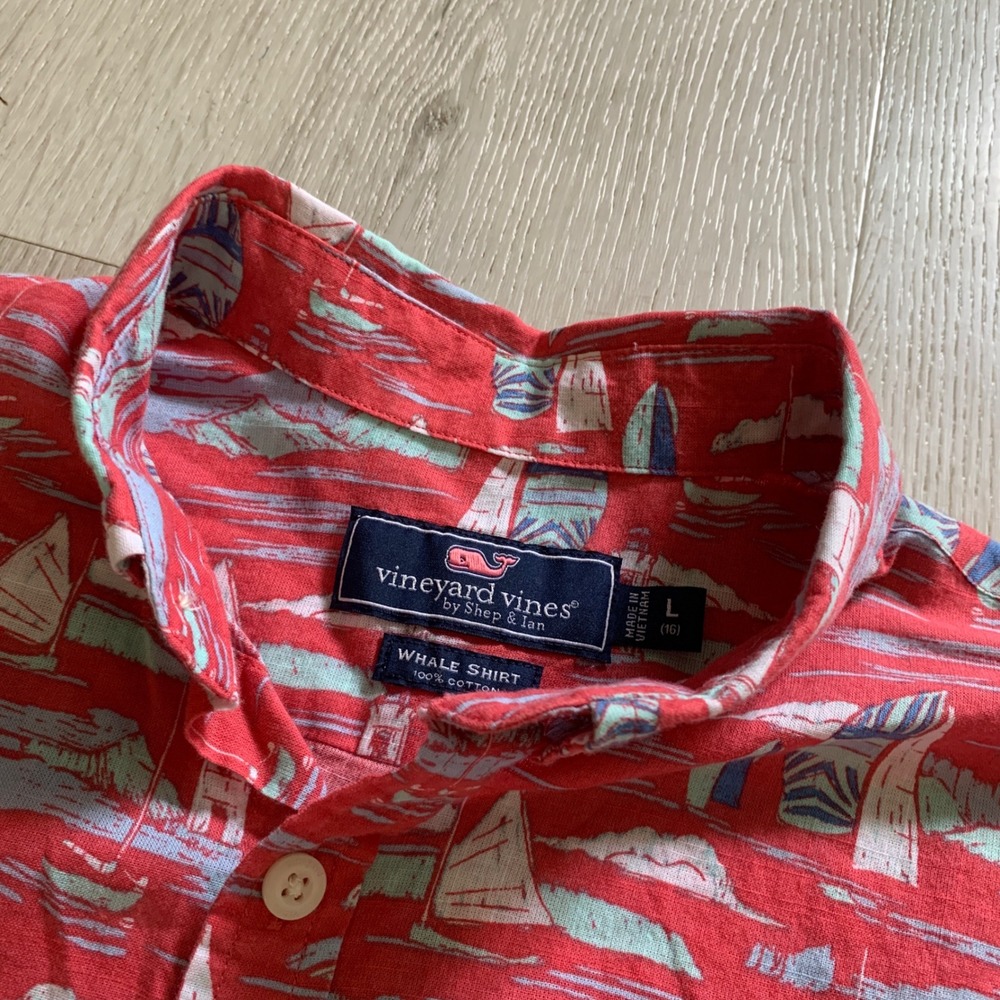 Vineyard Vines Boys L 16 Whale Shirt Red Nautical Sailboat Lighthouse Button‎